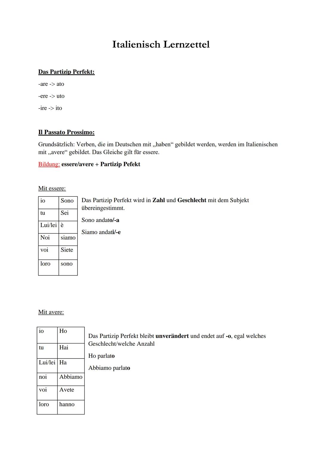 Das Partizip Perfekt:
-are-ato
-ere uto
-ire -> ito
Italienisch Lernzettel
Il Passato Prossimo:
Grundsätzlich: Verben, die im Deutschen mit,