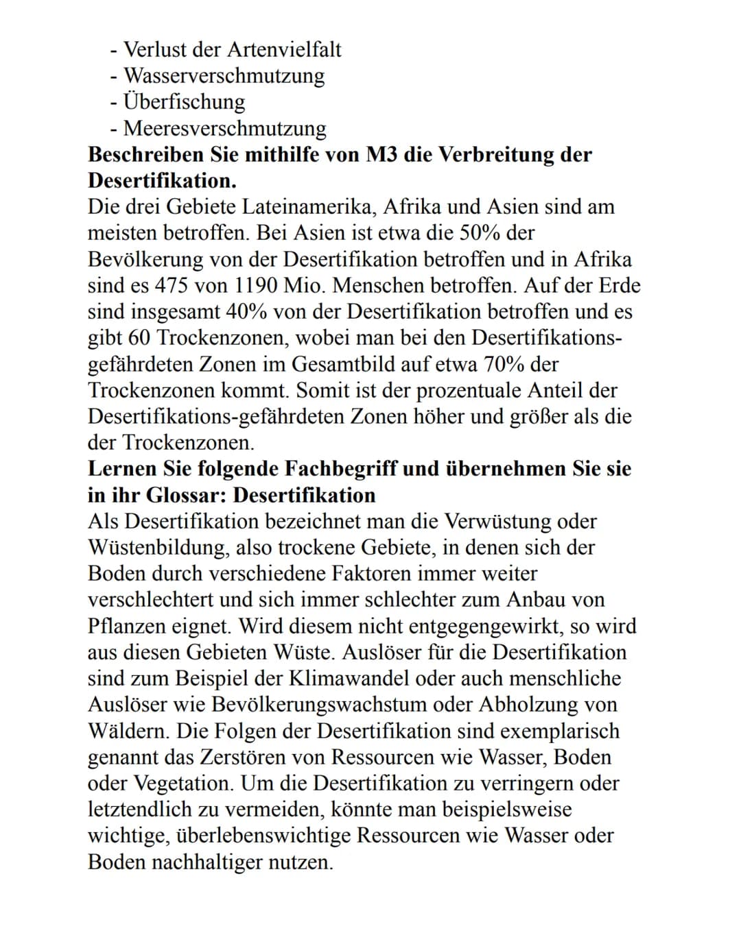 Wenn der Boden weniger wird...
Notieren Sie, welche der in M1 genannten
Umweltprobleme dem Themenfeld der Desertifikation
zuzurechnen sind.
