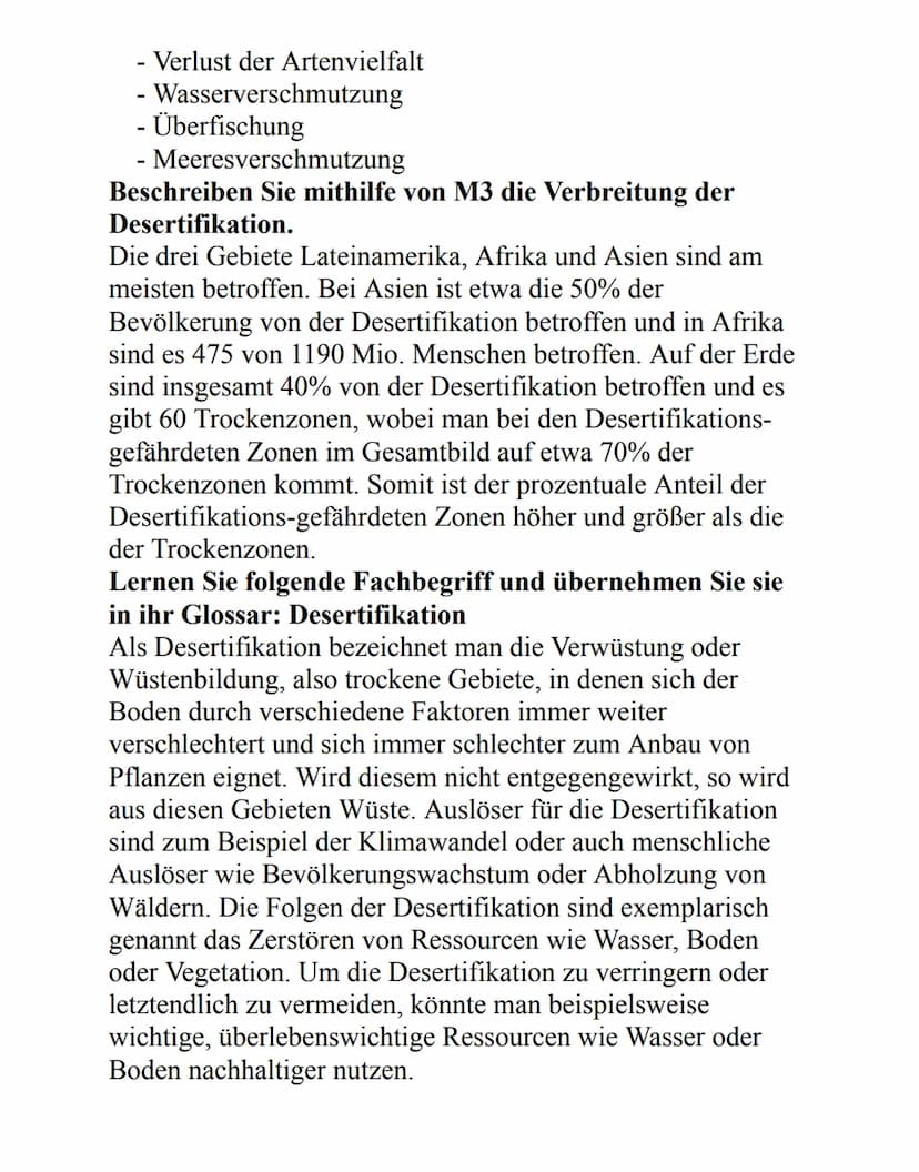 Wenn der Boden weniger wird...
Notieren Sie, welche der in M1 genannten
Umweltprobleme dem Themenfeld der Desertifikation
zuzurechnen sind.
