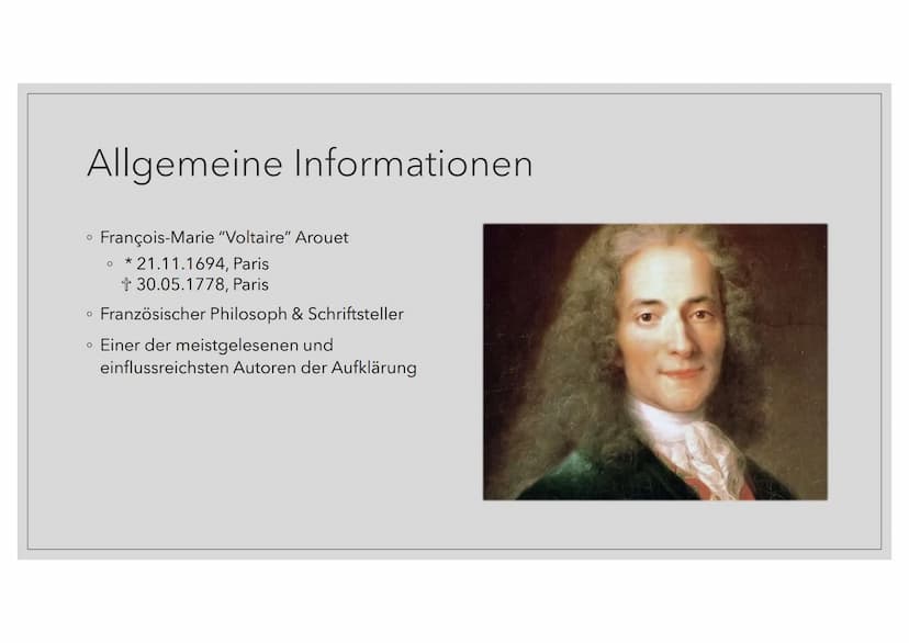 VOLTAIRE
- Vorkämpfer für die Vernunft
Eine Präsentation von Carole Delacroix und Luise Hamsch Gliederung
O
Allgemeine Informationen
• Zeits