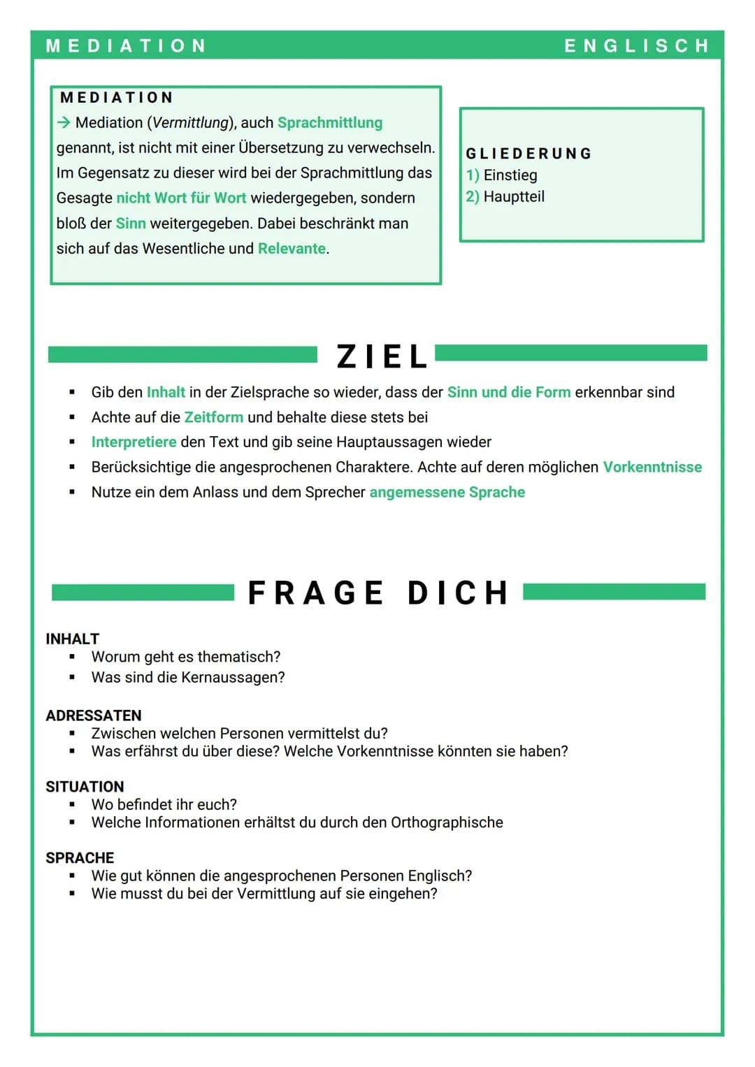 MEDIATION
MEDIATION
→ Mediation (Vermittlung), auch Sprachmittlung
genannt, ist nicht mit einer Übersetzung zu verwechseln.
Im Gegensatz zu 