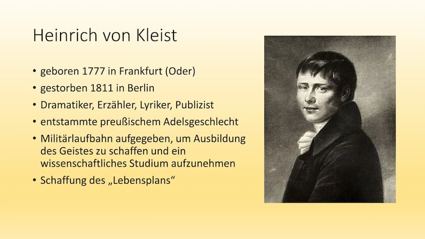 Der zerbrochene Krug
Heinrich von Kleist Heinrich von Kleist
●
●
geboren 1777 in Frankfurt (Oder)
gestorben 1811 in Berlin
●
Dramatiker, Erz
