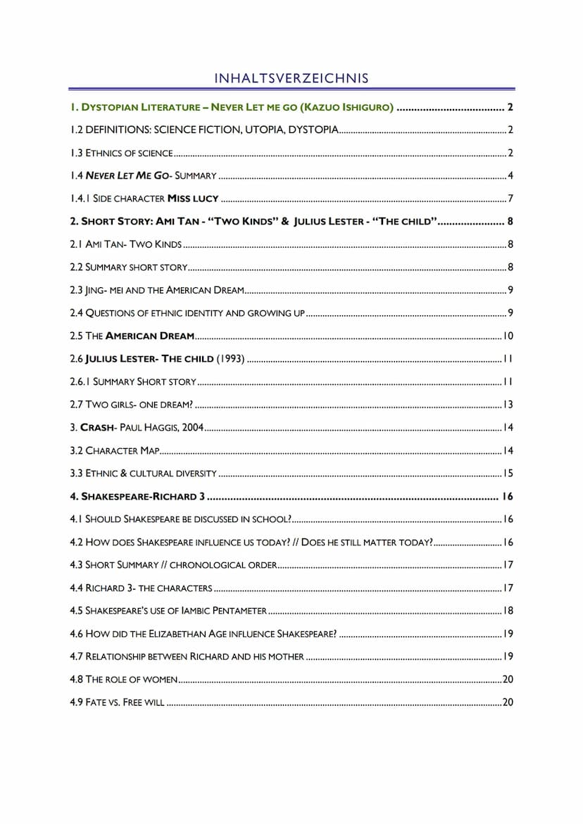 ENGLISCH-LK LERNZETTEL
Abiturlernzettel 2021
LK
GYMNASIUM (NIEDERSACHSEN)
Q1-Q4 INHALTSVERZEICHNIS
I. DYSTOPIAN LITERATURE - NEVER LET ME GO
