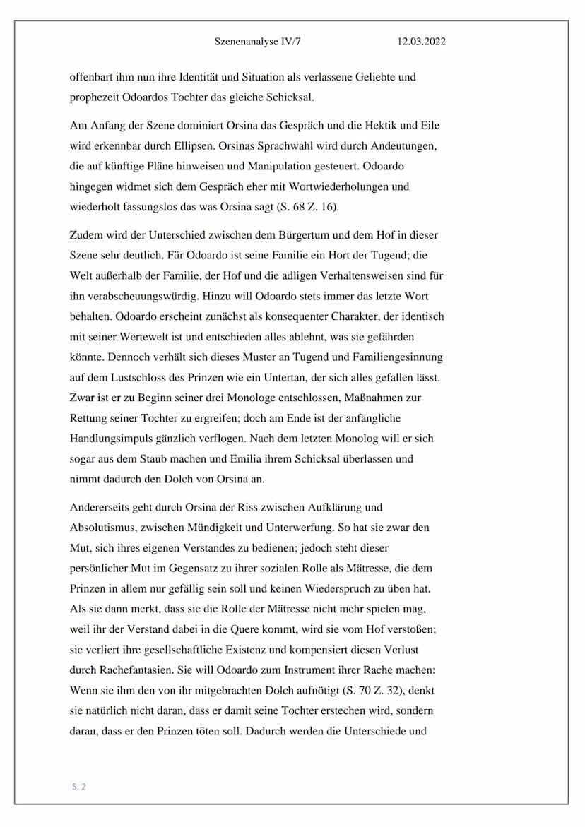 Szenenanalyse IV/7
12.03.2022
Frauenbild im 18. Jahrhundert - vertritt Orsina das Frauenbild des 18.
Jahrhunderts in dem Drama ,,Emilia Galo