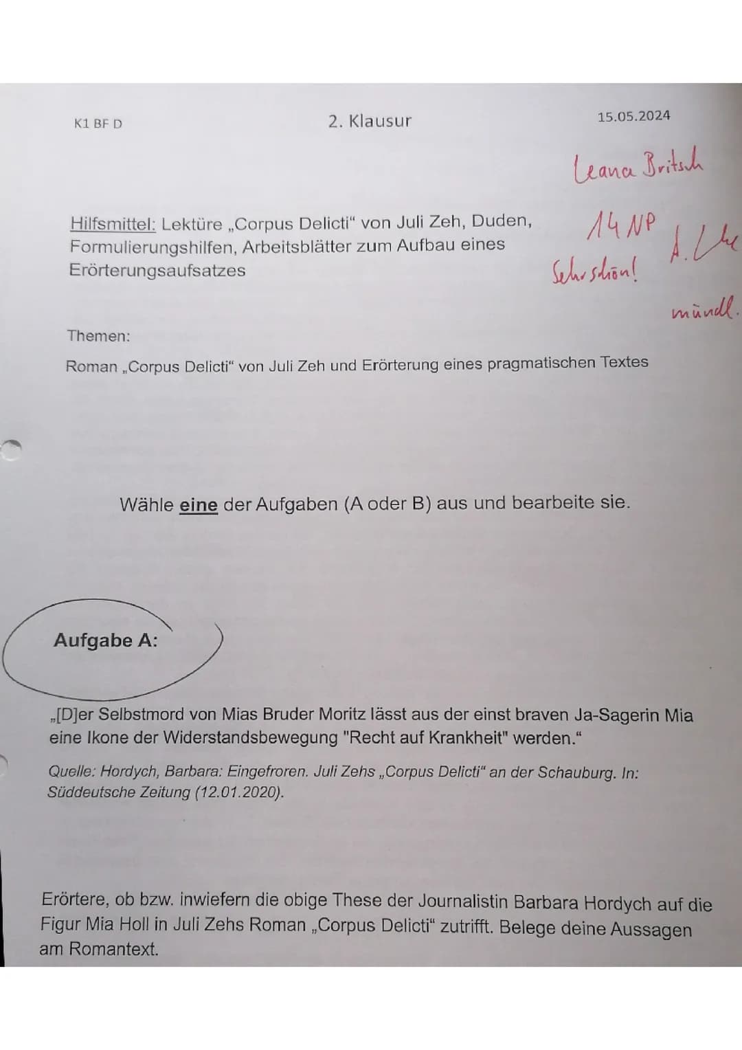 Literarische Erörterung - Corpus Delicti - Mia Holl - 14 Punkte - Basiskurs
