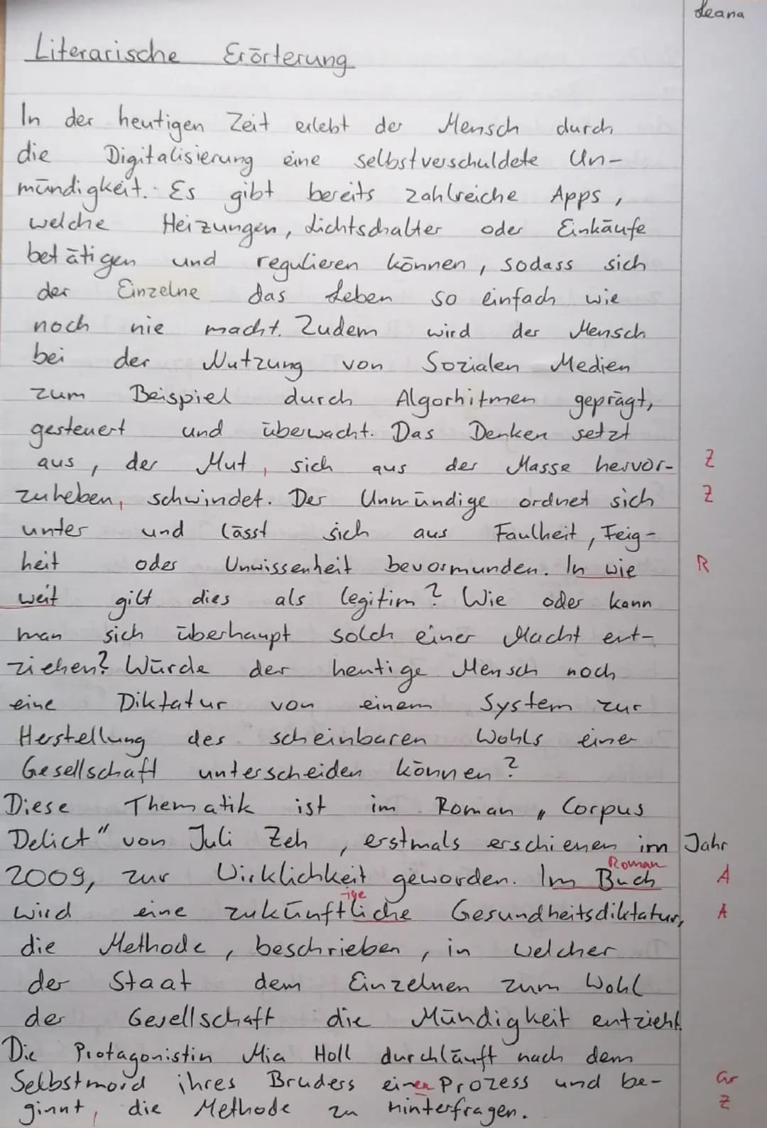 K1 BF D
2. Klausur
Hilfsmittel: Lektüre,,Corpus Delicti" von Juli Zeh, Duden,
Formulierungshilfen, Arbeitsblätter zum Aufbau eines
Erörterun