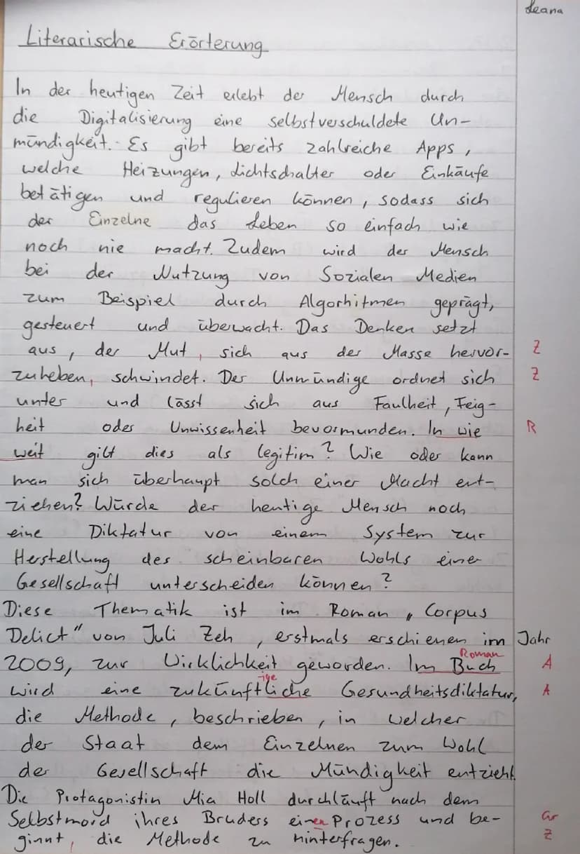 K1 BF D
2. Klausur
Hilfsmittel: Lektüre,,Corpus Delicti" von Juli Zeh, Duden,
Formulierungshilfen, Arbeitsblätter zum Aufbau eines
Erörterun
