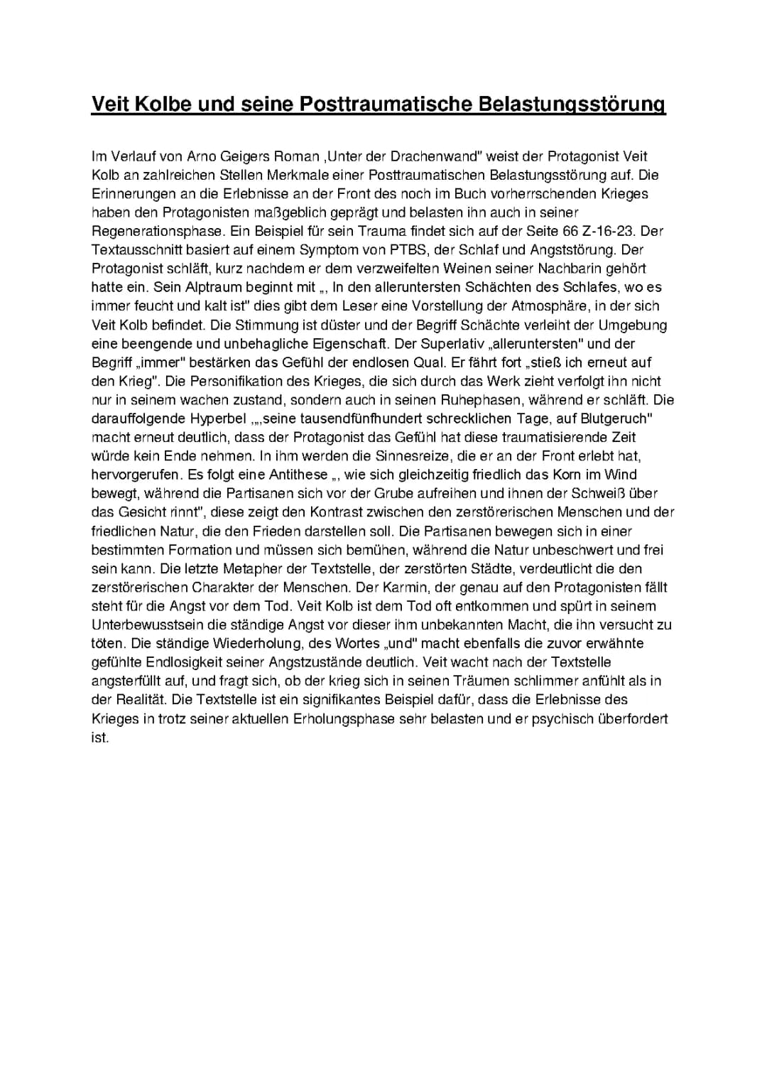 Unter der Drachenwand: Veit Kolbe Charakterisierung und Zusammenfassung
