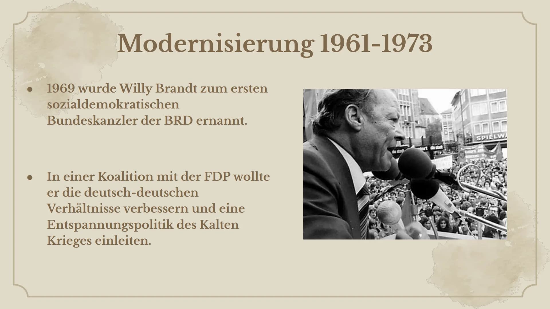 +
+
Bundesrepublik
Deutschland
ab 1949 ●
●
Themen
BRD und DDR im Vergleich
Gründerjahre 1949-1961
-> Westintegration in der Ära Adenauer
-> 