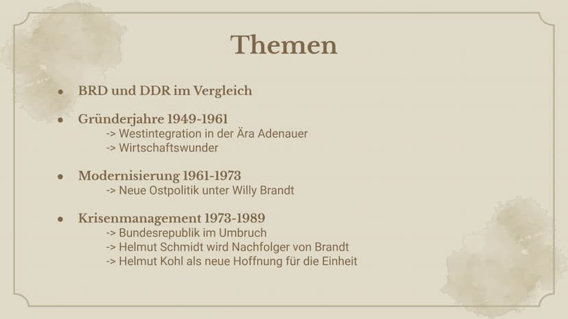 +
+
Bundesrepublik
Deutschland
ab 1949 ●
●
Themen
BRD und DDR im Vergleich
Gründerjahre 1949-1961
-> Westintegration in der Ära Adenauer
-> 