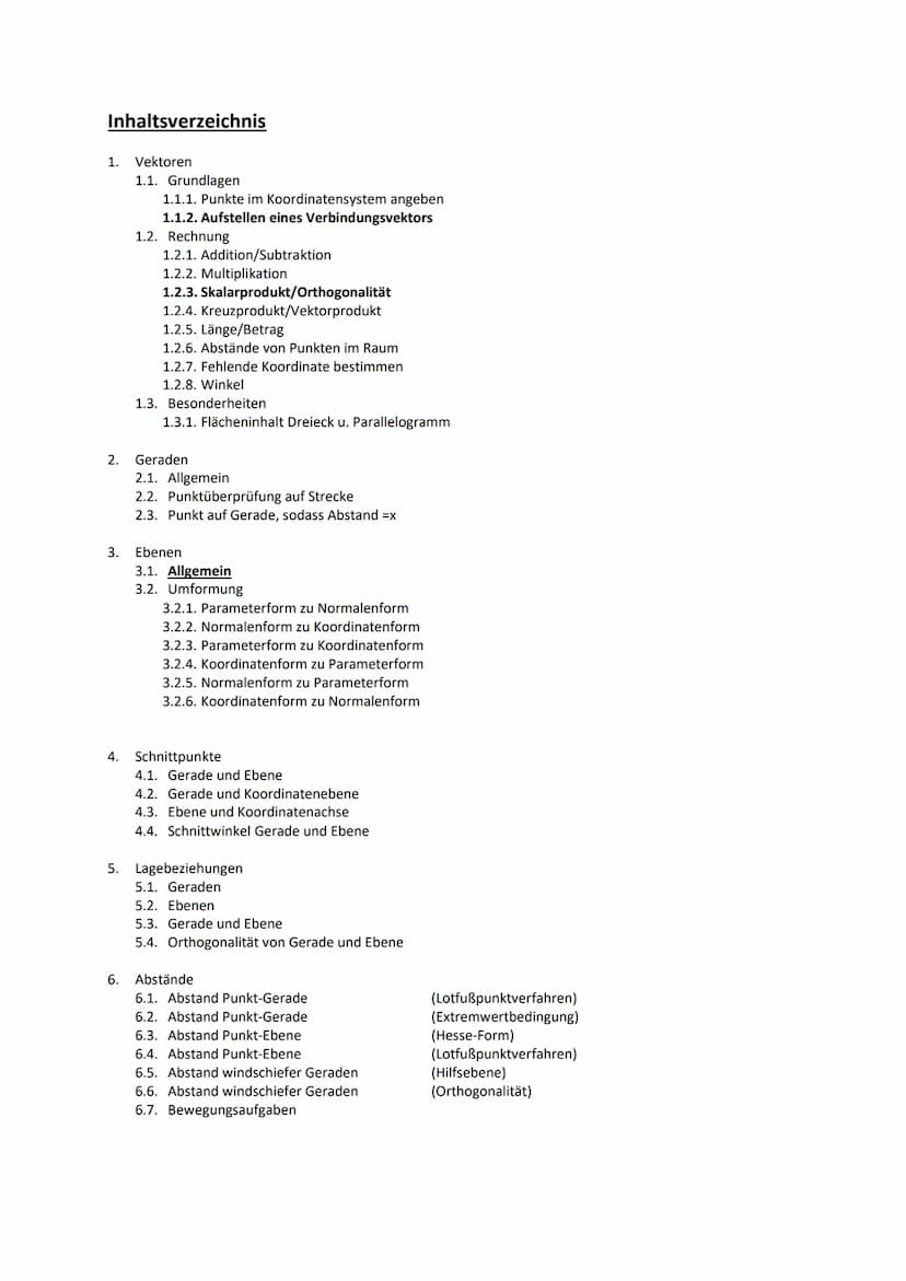 Übersicht
Grundlagen Vektoren
1. Punkte im Koordinatensystem angeben
2. Geraden (allgemein)
Umformungen von Ebenen
Abstände
3. Parameterform
