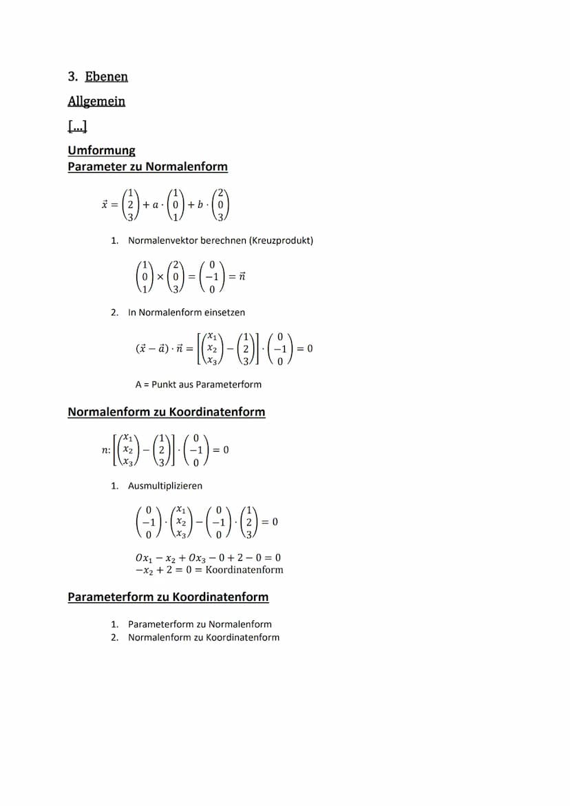 Übersicht
Grundlagen Vektoren
1. Punkte im Koordinatensystem angeben
2. Geraden (allgemein)
Umformungen von Ebenen
Abstände
3. Parameterform
