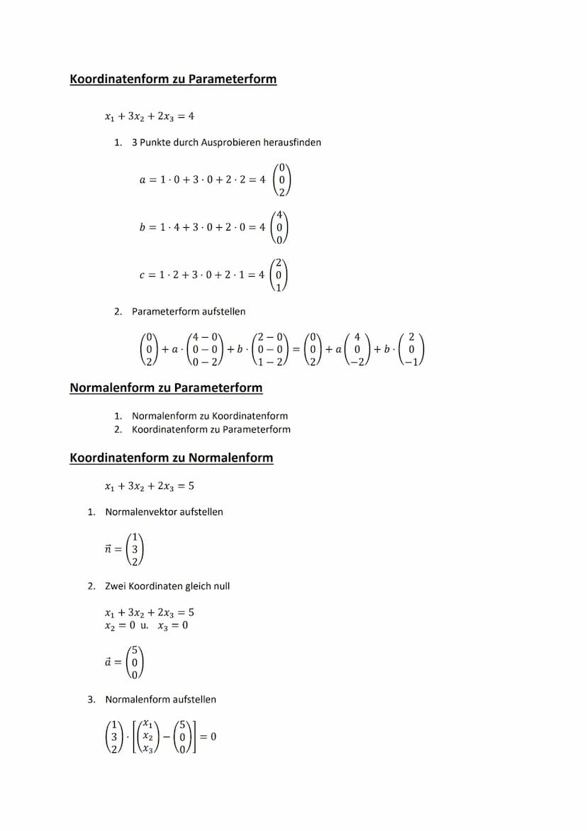 Übersicht
Grundlagen Vektoren
1. Punkte im Koordinatensystem angeben
2. Geraden (allgemein)
Umformungen von Ebenen
Abstände
3. Parameterform