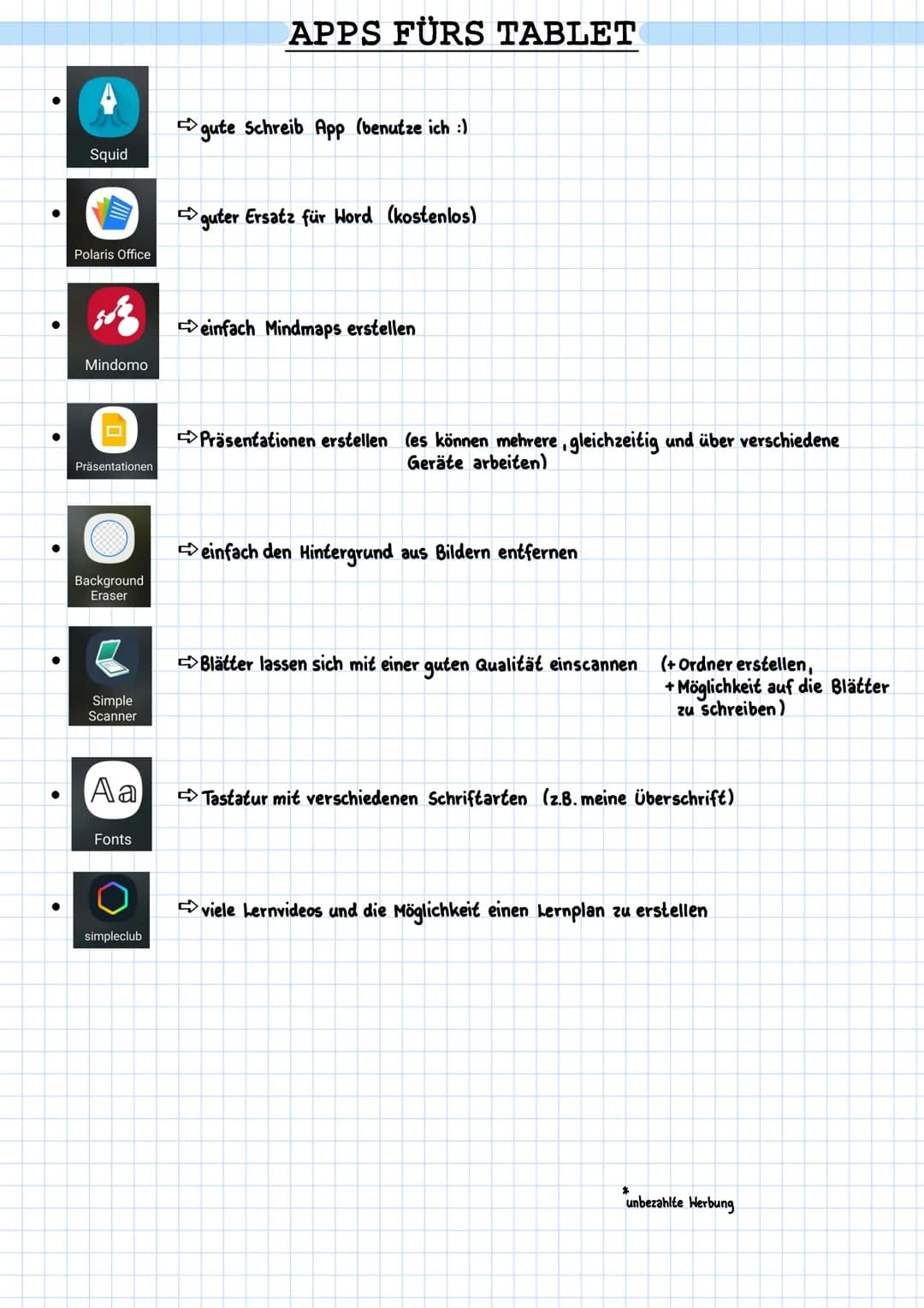 ●
Squid
Polaris Office
Mindomo
Präsentationen
Background
Eraser
Simple
Scanner
Aa
Fonts
simpleclub
APPS FÜRS TABLET
gute Schreib App (benutz