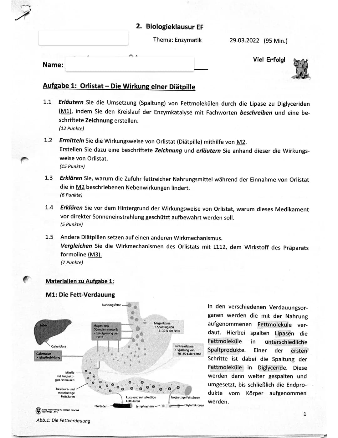 Name:
1.2
1.3
Aufgabe 1: Orlistat - Die Wirkung einer Diätpille
1.1 Erläutern Sie die Umsetzung (Spaltung) von Fettmolekülen durch die Lipas