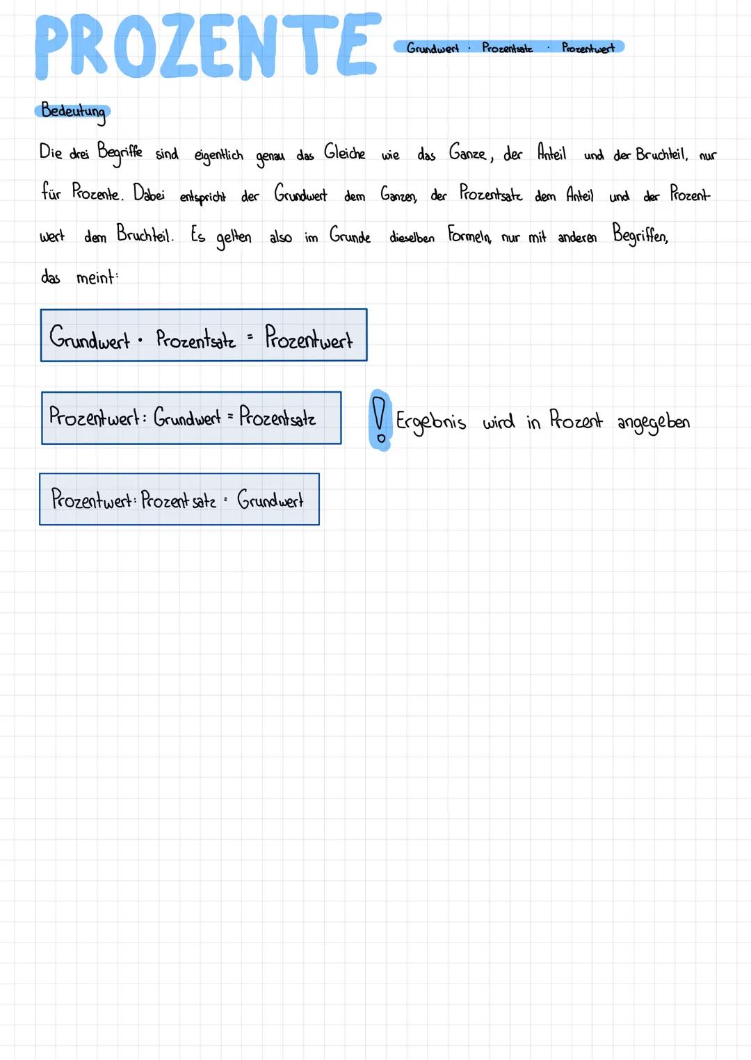 # PROZENTE

Bedeutung

Grundwert Prozentsatz Prozentwert

Die drei Begriffe sind eigentlich genau das Gleiche wie das Ganze, der Anteil und 