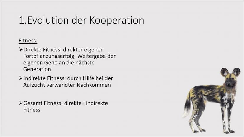 1. Evolution der Kooperation
Das Zusammenleben
von Individuen zum
gegenseitigen Vorteil
= 1. Evolution der Kooperation
Rangordnung und Rudel