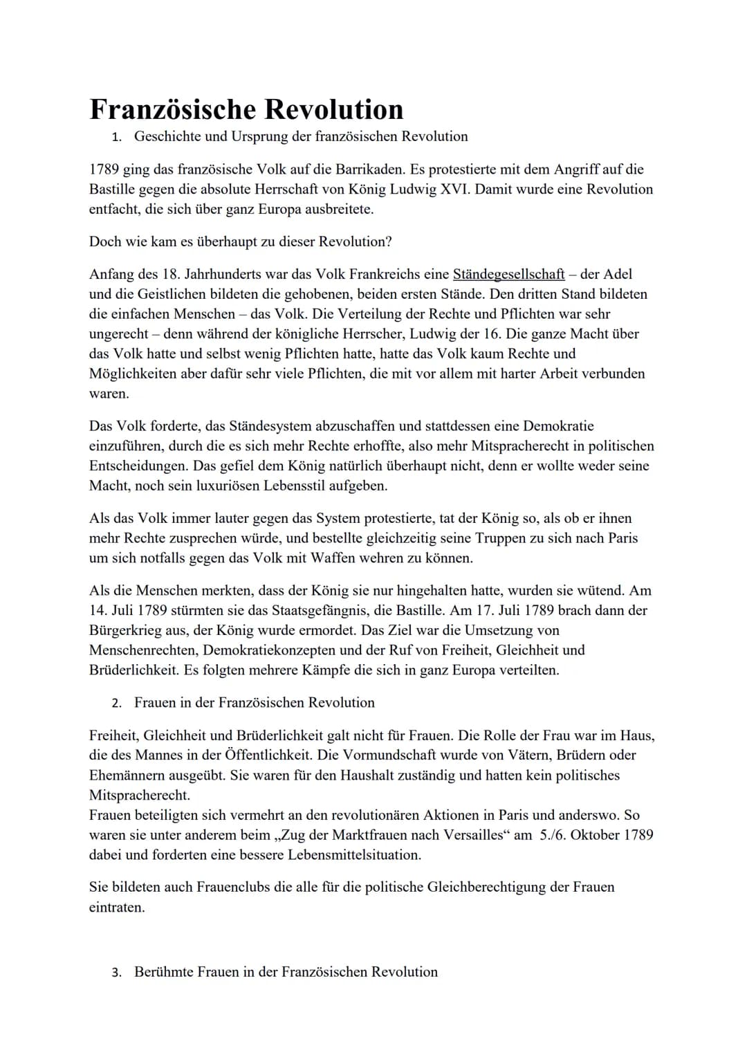 Französische Revolution
1. Geschichte und Ursprung der französischen Revolution
1789 ging das französische Volk auf die Barrikaden. Es prote
