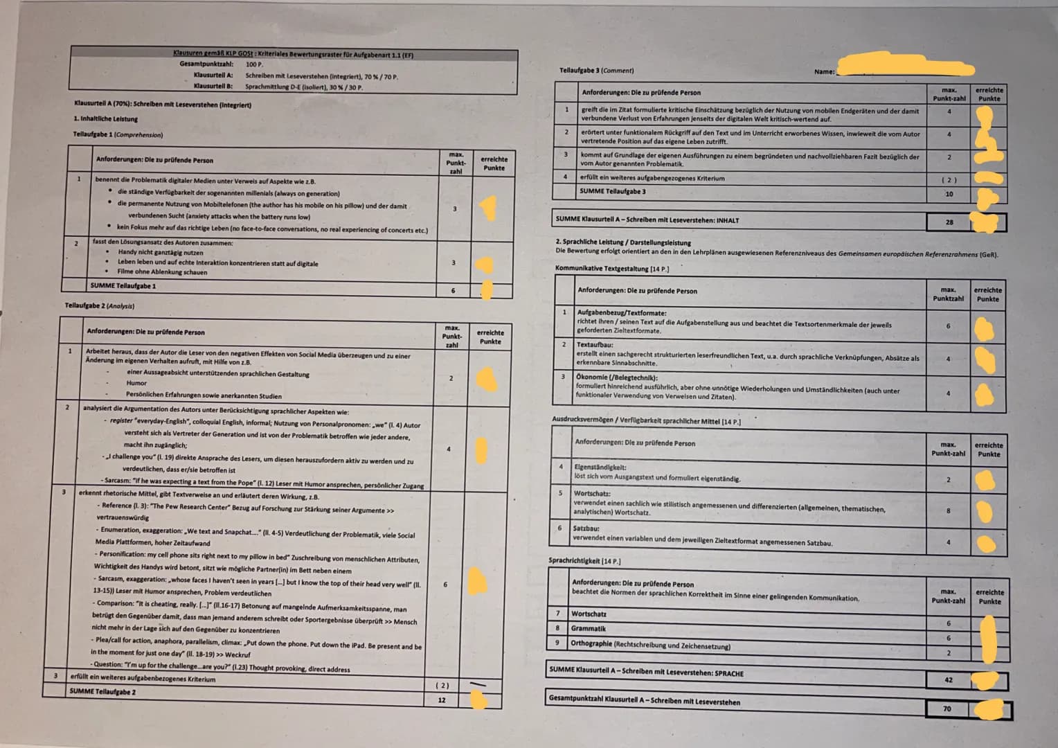 10
15
5
20
Nam
Part A: Aufgabenstellung
1.
2.
3.
Exam No. 1
Klausurteil A: Schreiben mit Leseverstehen (integriert), 70 % / 70 P.
Klausurtei