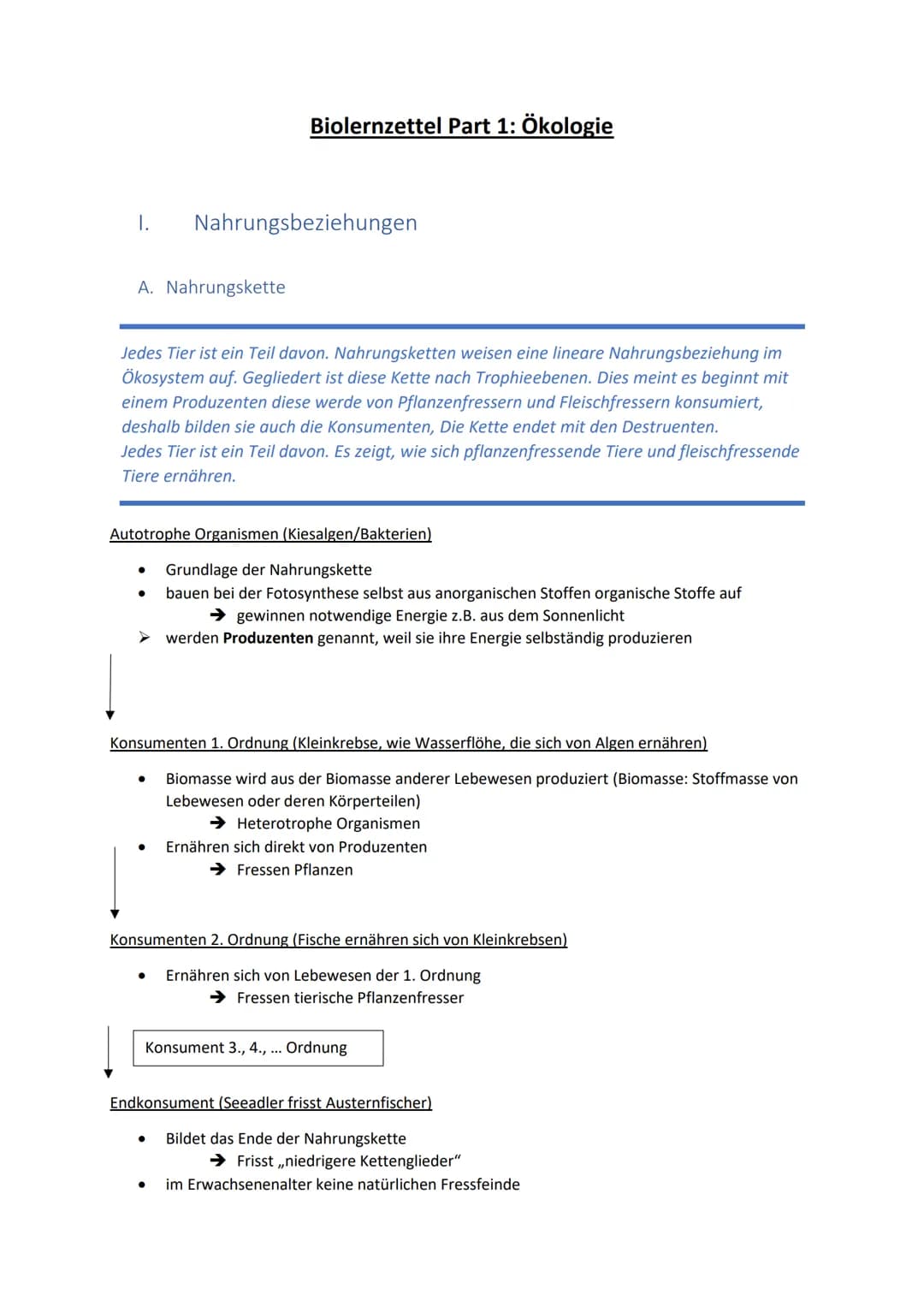 I.
A. Nahrungskette
Biolernzettel Part 1: Ökologie
Nahrungsbeziehungen
Jedes Tier ist ein Teil davon. Nahrungsketten weisen eine lineare Nah