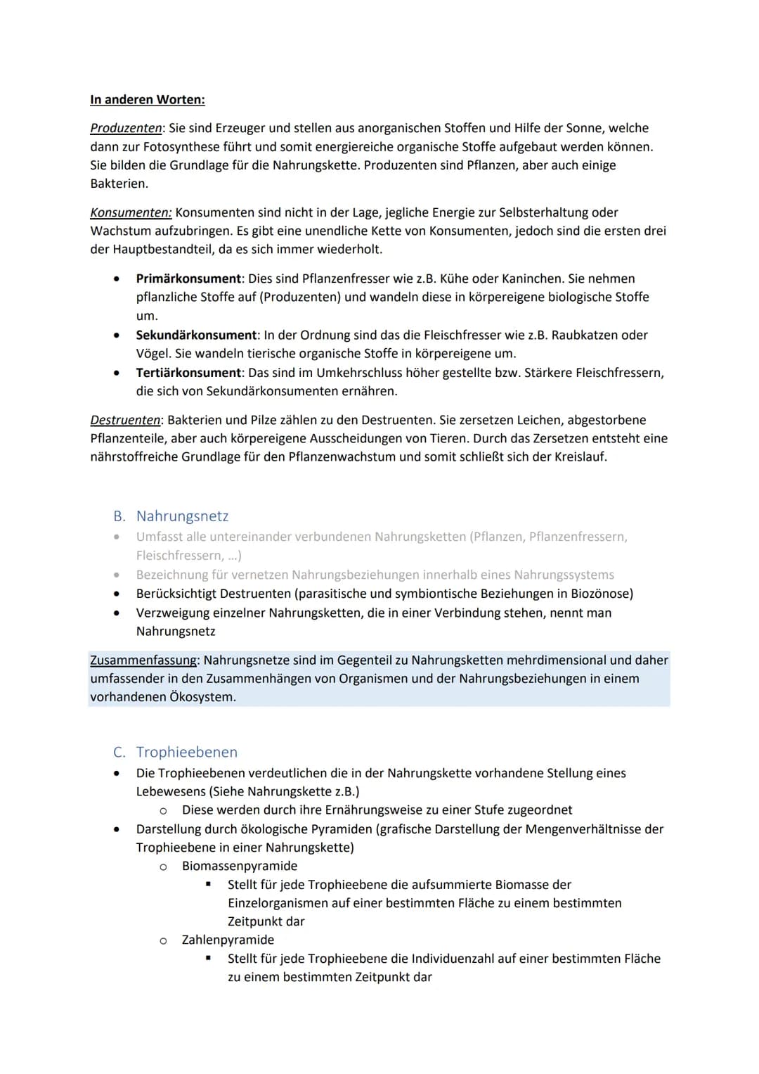 I.
A. Nahrungskette
Biolernzettel Part 1: Ökologie
Nahrungsbeziehungen
Jedes Tier ist ein Teil davon. Nahrungsketten weisen eine lineare Nah