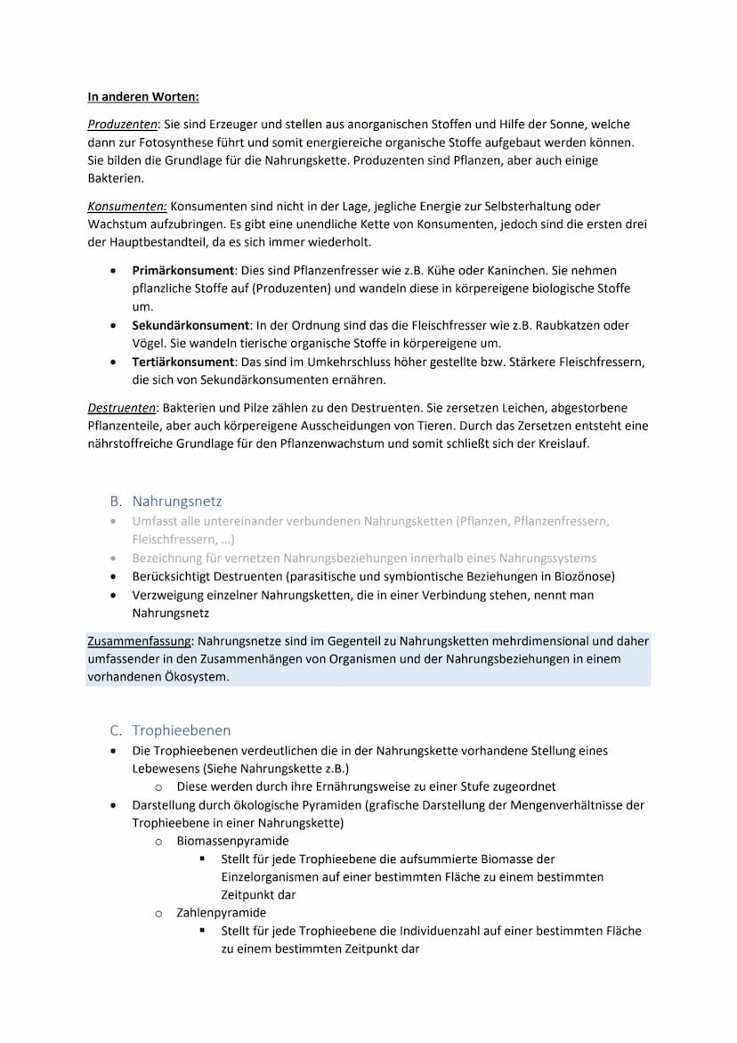 I.
A. Nahrungskette
Biolernzettel Part 1: Ökologie
Nahrungsbeziehungen
Jedes Tier ist ein Teil davon. Nahrungsketten weisen eine lineare Nah