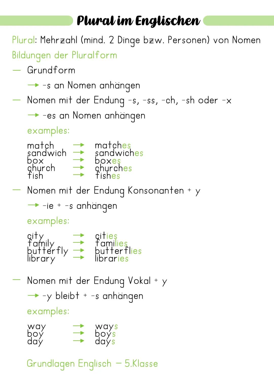 Plural im Englischen
Plural: Mehrzahl (mind. 2 Dinge bzw. Personen) von Nomen
Bildungen der Pluralform
Grundform
→-s an Nomen anhängen
Nomen
