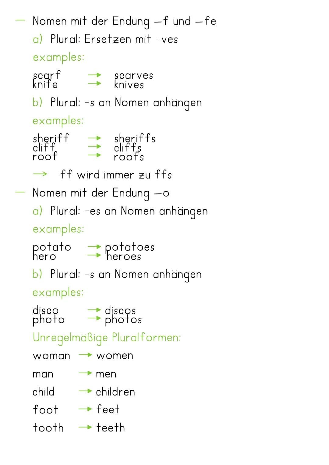 Plural im Englischen
Plural: Mehrzahl (mind. 2 Dinge bzw. Personen) von Nomen
Bildungen der Pluralform
Grundform
→-s an Nomen anhängen
Nomen