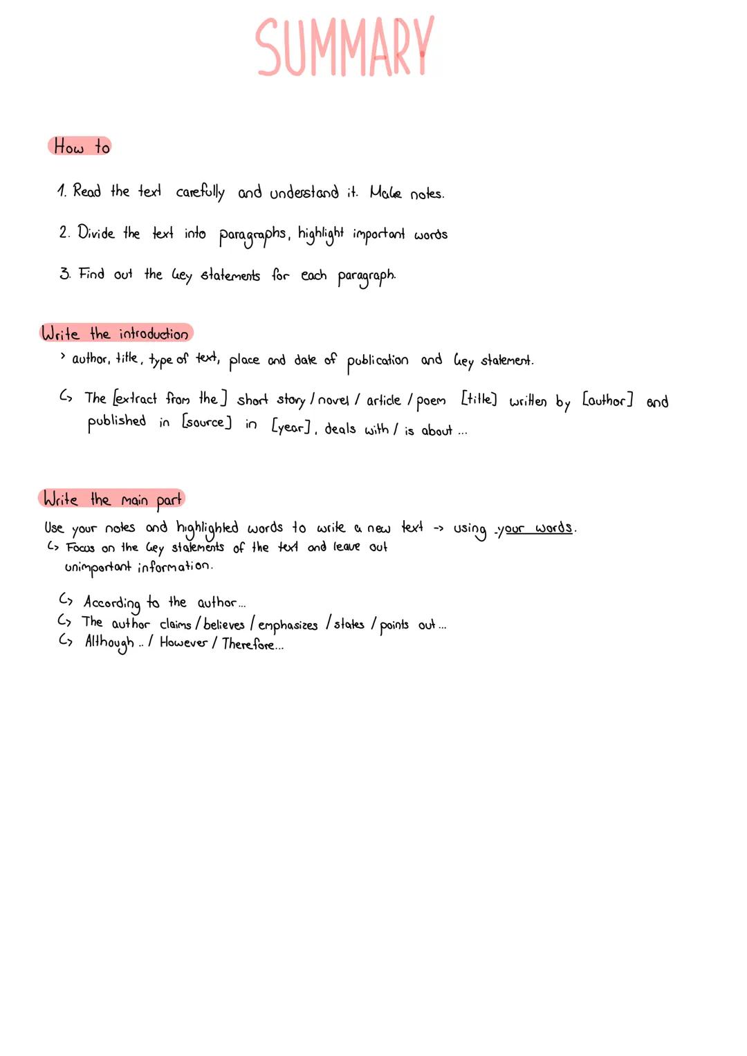 # SUMMARY

How to

1. Read the text carefully and understand it. Make notes.
2. Divide the text into paragraphs, highlight important words
3
