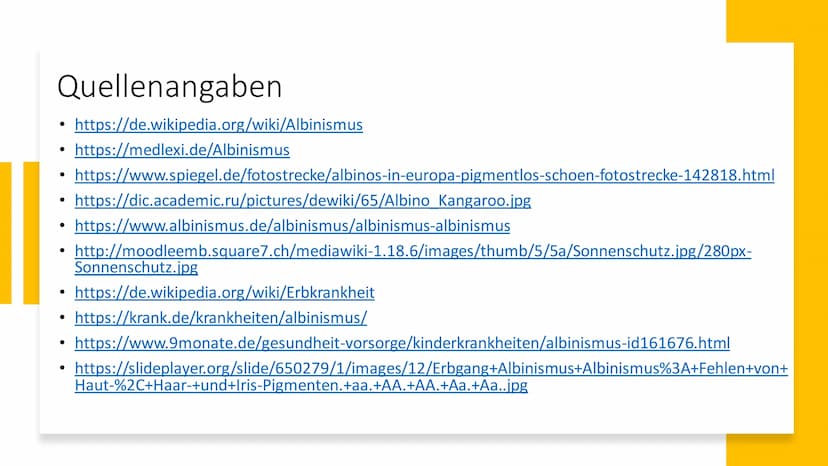 Albinismus Inhaltsverzeichnis
Was ist Albinismus?
Symptome und Beschwerden
• Genetische Ursachen / Erbgang
●
Unterschiedliche Formen des Alb