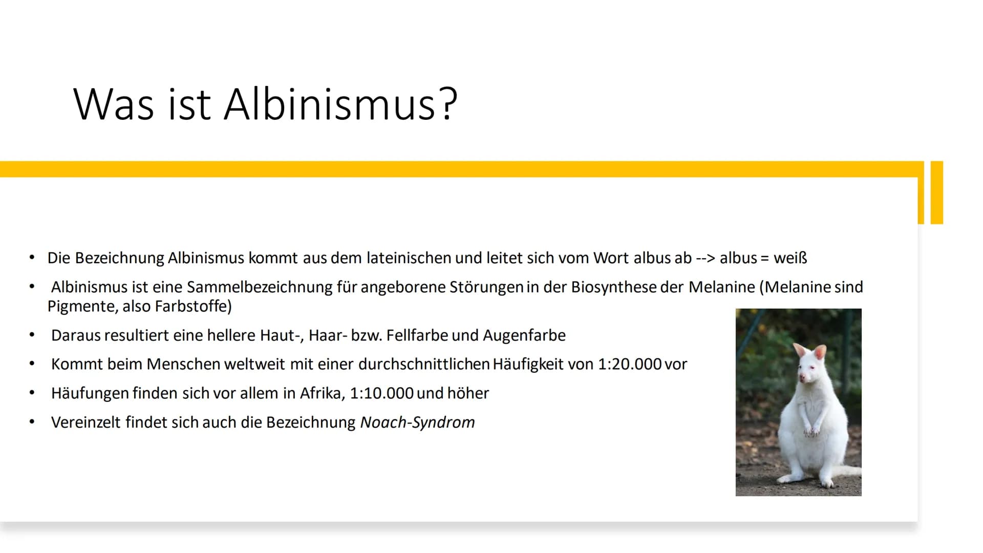 Albinismus Inhaltsverzeichnis
Was ist Albinismus?
Symptome und Beschwerden
• Genetische Ursachen / Erbgang
●
Unterschiedliche Formen des Alb