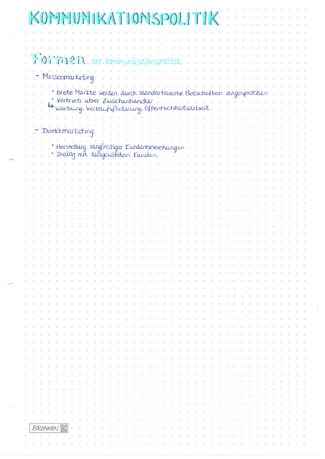 KOMMUNIKATIONSPOLITIK
Formen der Kommunikationspolitik.
Massenmarketing.
breite Märkte werden durch standartisierte Botschaften angesprochen