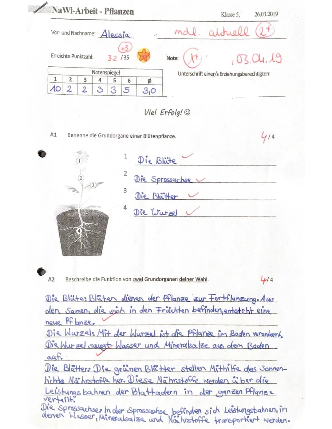 NaWi-Arbeit - Pflanzen
Vor- und Nachname: Alessia
+3
32/35
Erreichte Punktzahl:
Notenspiegel
4 5
1
2 3
Ø
10 2 2 335 3,0
A1
A2
6
1
2
Benenne 