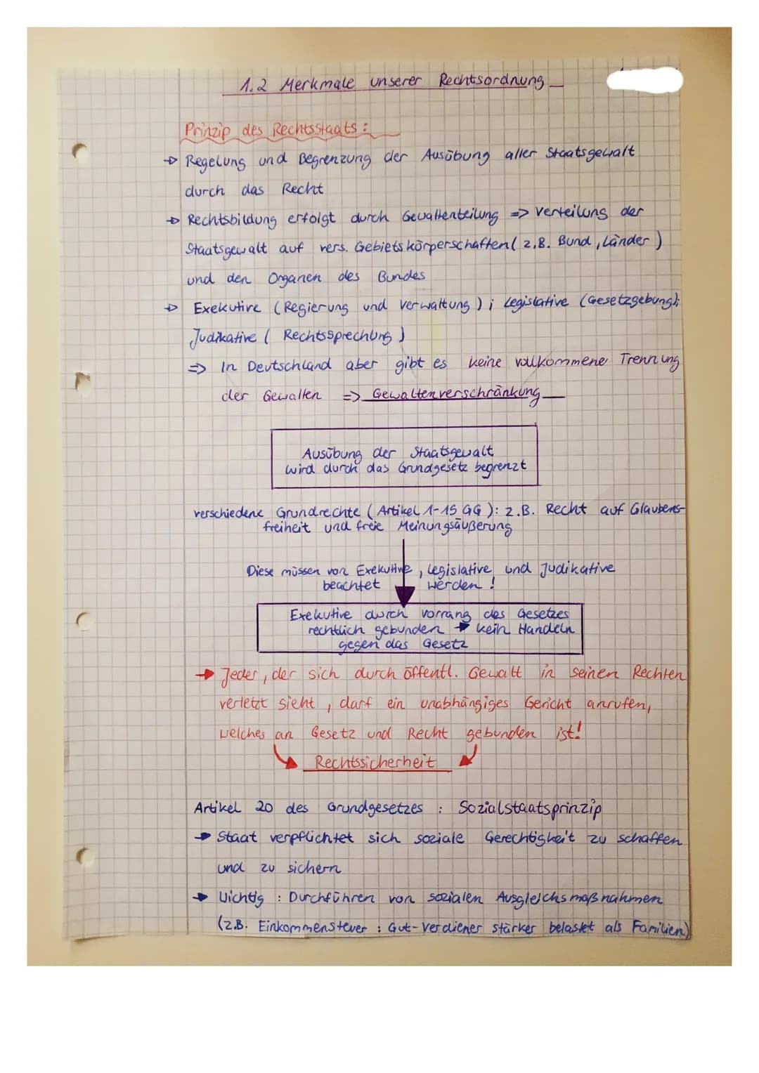 1.2 Merkmale unserer Rechtsordnung.
Prinzip des Rechtsstaats:
→ Regelung und Begrenzung der Ausübung aller Staatsgewalt
durch das Recht
→ Re