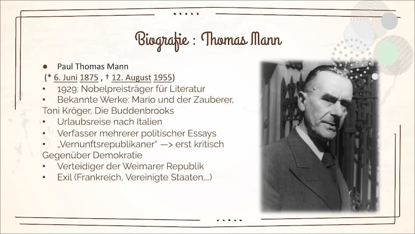 Mario und der Zauberer
-Thomas Mann
(Wiederholung) Inhaltsverzeichnis
Biografie Thomas Mann
Allgemeine Informationen
Historisches
➤ Faschism