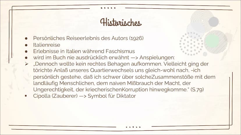 Mario und der Zauberer
-Thomas Mann
(Wiederholung) Inhaltsverzeichnis
Biografie Thomas Mann
Allgemeine Informationen
Historisches
➤ Faschism