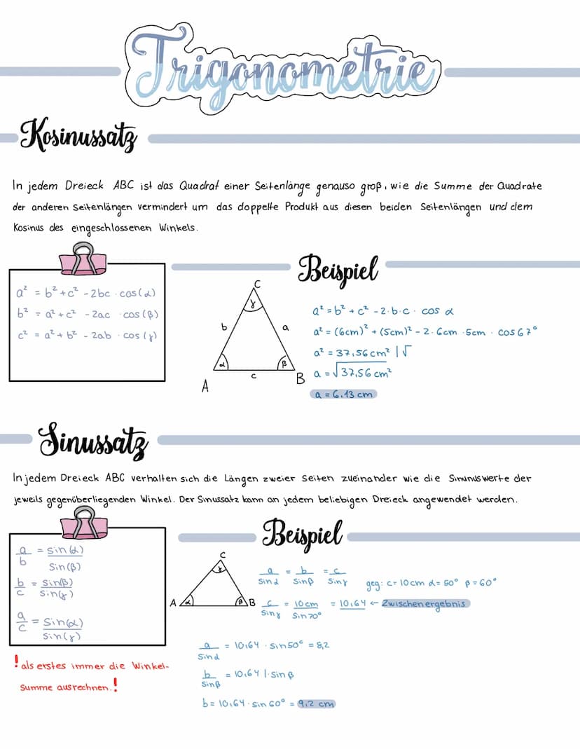 tan =
Sin = Gegen kathete
Hypotenuse
cos= Ankathete
Hypotenuse
Beispiele:
Trigonometrie
cos/tan und sin nur im rechtwinkligen Dreieck anwend