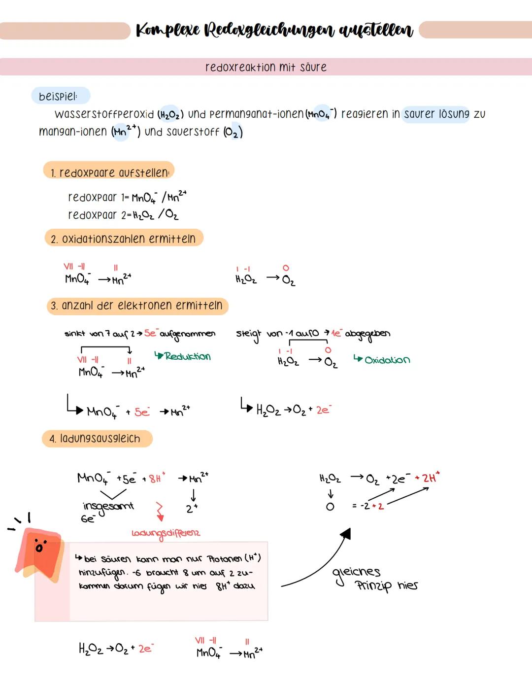 # Komplexe Redoxgleichungen austellen

redoxreaktion mit säure

beispiel:
wasserstoffperoxid (H2O2) und permanganat-ionen (MnO4") reagieren 