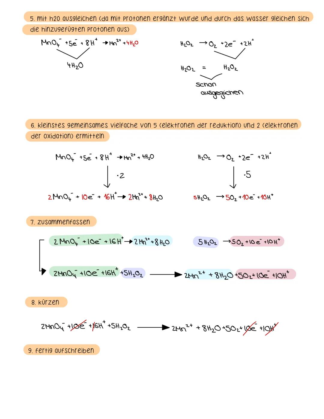 # Komplexe Redoxgleichungen austellen

redoxreaktion mit säure

beispiel:
wasserstoffperoxid (H2O2) und permanganat-ionen (MnO4") reagieren 