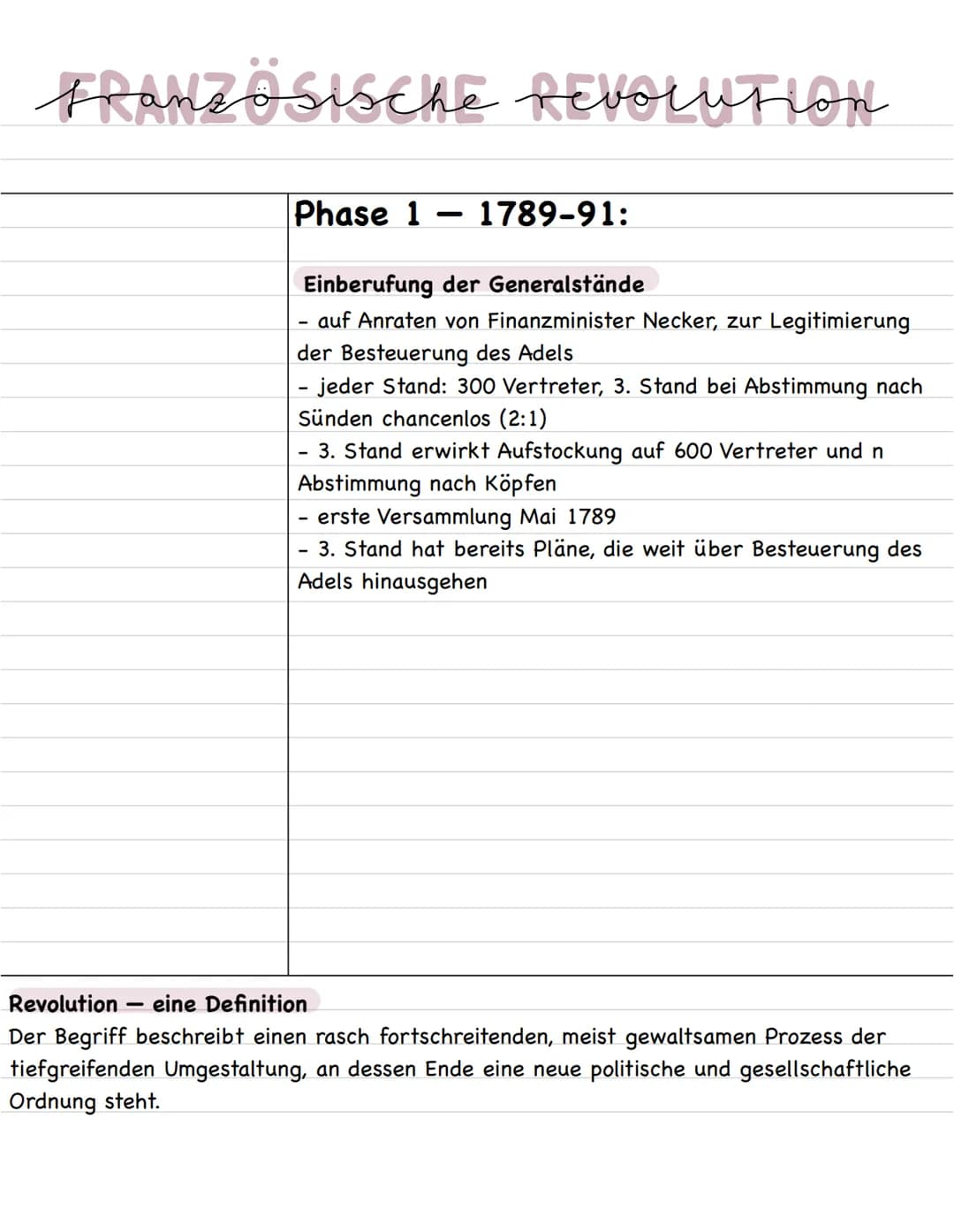 FRANZÖSISCHE REVOLUTION
Phase 1 1789-91:
Einberufung der Generalstände
auf Anraten von Finanzminister Necker, zur Legitimierung
der Besteuer