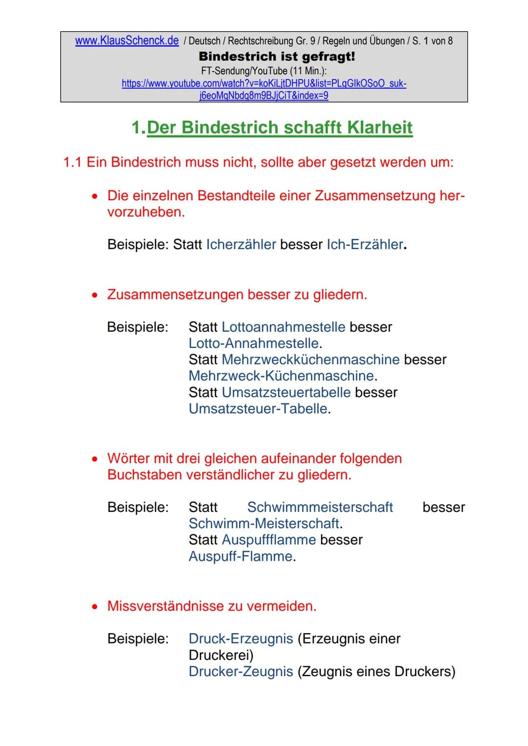 www.KlausSchenck.de / Deutsch (2008/09) / Rechtschreibung Gr. 1 / Regeln und Übungen / S. 1 von 11
s-Laute / Doppelungen / dass/das
FT-Sendu