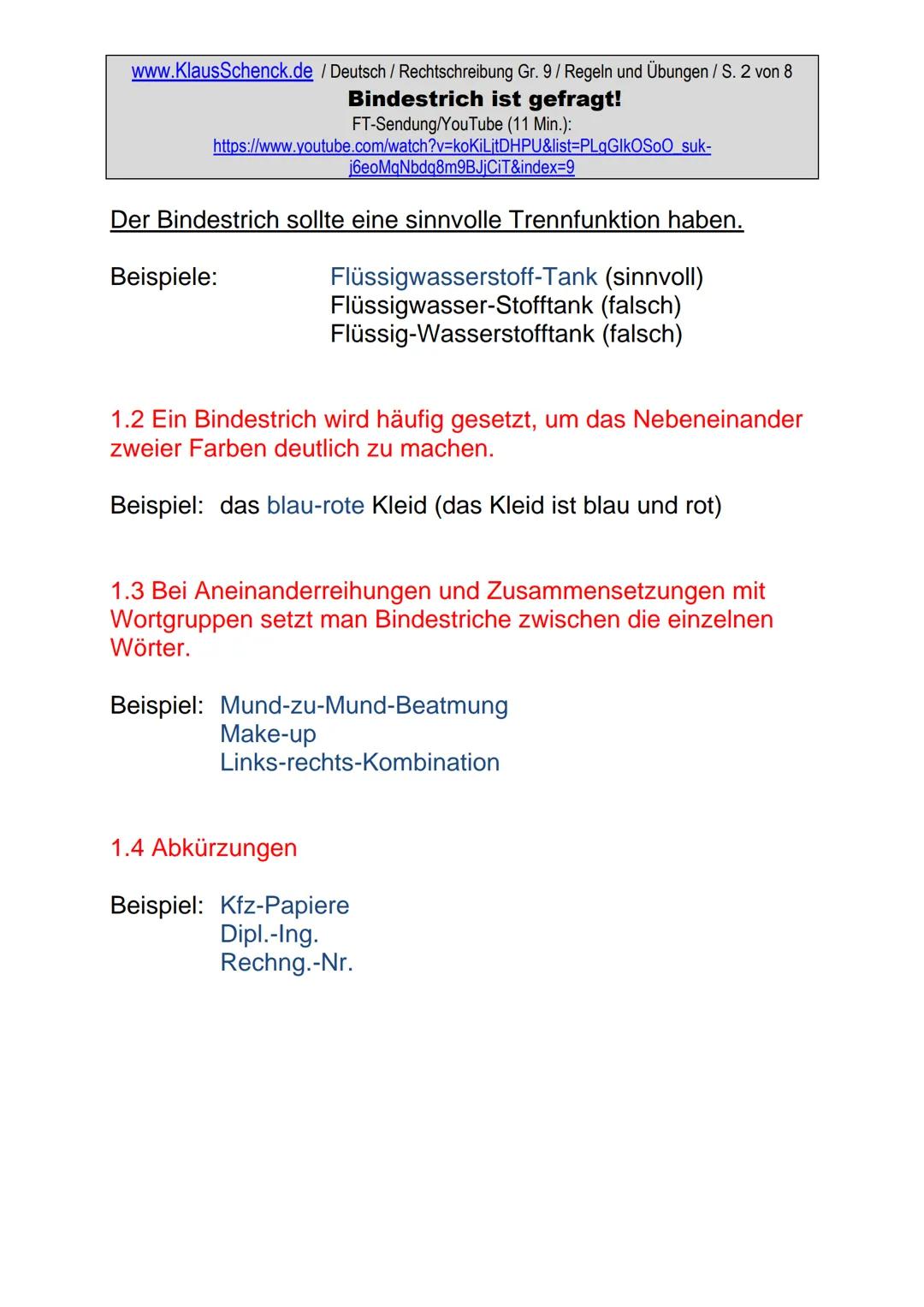 www.KlausSchenck.de / Deutsch (2008/09) / Rechtschreibung Gr. 1 / Regeln und Übungen / S. 1 von 11
s-Laute / Doppelungen / dass/das
FT-Sendu