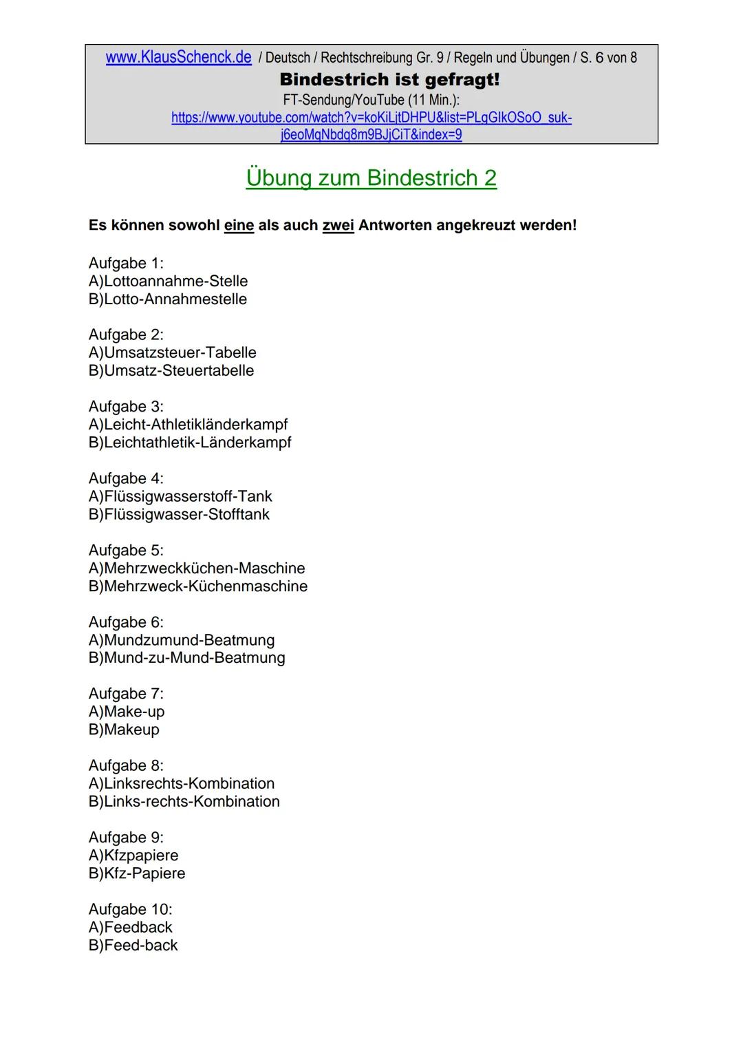 www.KlausSchenck.de / Deutsch (2008/09) / Rechtschreibung Gr. 1 / Regeln und Übungen / S. 1 von 11
s-Laute / Doppelungen / dass/das
FT-Sendu