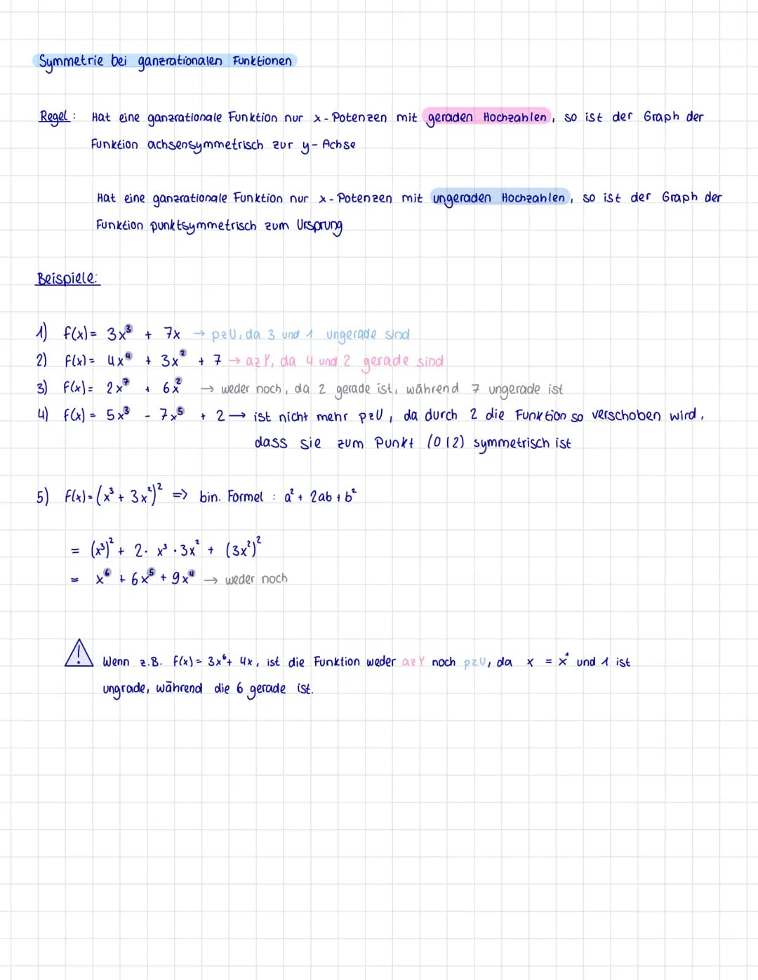 Allgemein Symmetrie einer Funktion
Symmetrien
+
+
symmetrien
Kriterien
achsensymmetrisch zur Achse
y-
(azy)
punktsymmetrisch zum Ursprung
(→