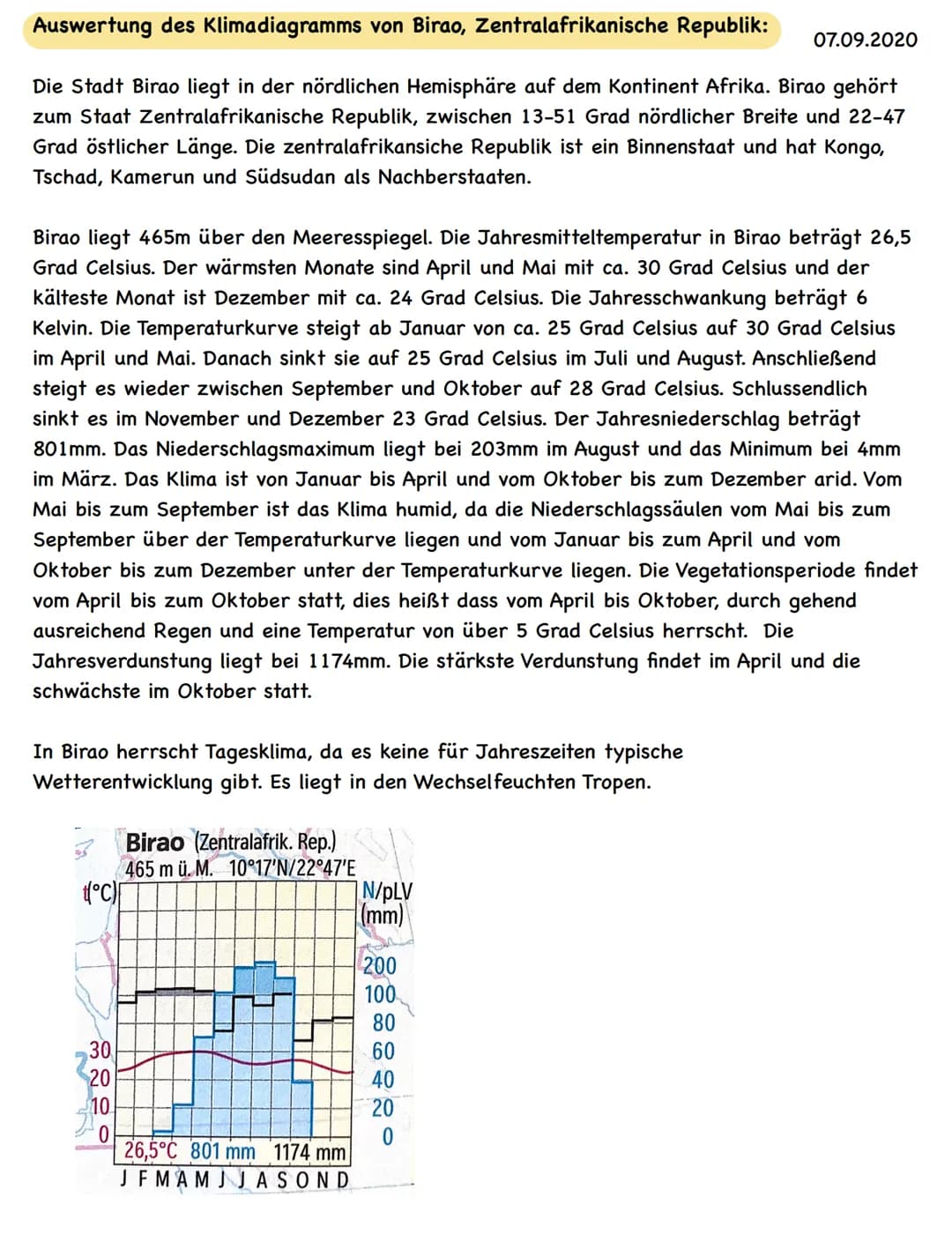 Auswertung des Klimadiagramms von Birao, Zentralafrikanische Republik:
Die Stadt Birao liegt in der nördlichen Hemisphäre auf dem Kontinent 