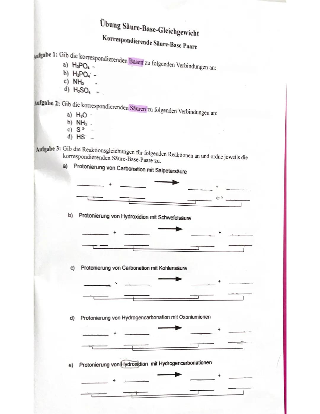Säuren
Salzsaure HCI
Salpetersäure HNO3.
Schwefelsäure H₂SO4
Schweflige Säure H₂SO3
Phosphorsäure H₂PO4
Kohlensäure H₂ CO 3
Basen
Natriumhyd