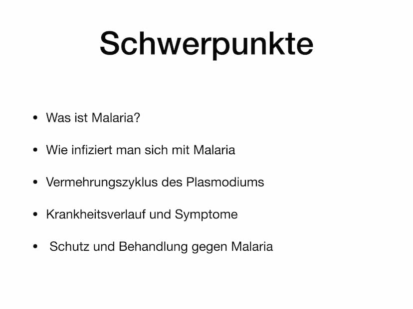 Infektionskrankheit
Malaria Schwerpunkte
• Was ist Malaria?
• Wie infiziert man sich mit Malaria
●
Vermehrungszyklus des Plasmodiums
• Krank