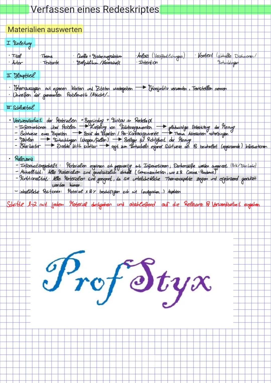 Materialien auswerten
I. Einleitung
Titel
· Autor
.
Verfassen eines Redeskriptes
.
•Thema
.
Textsorte
II. Hauptteil
Thernaussagen mit eigene