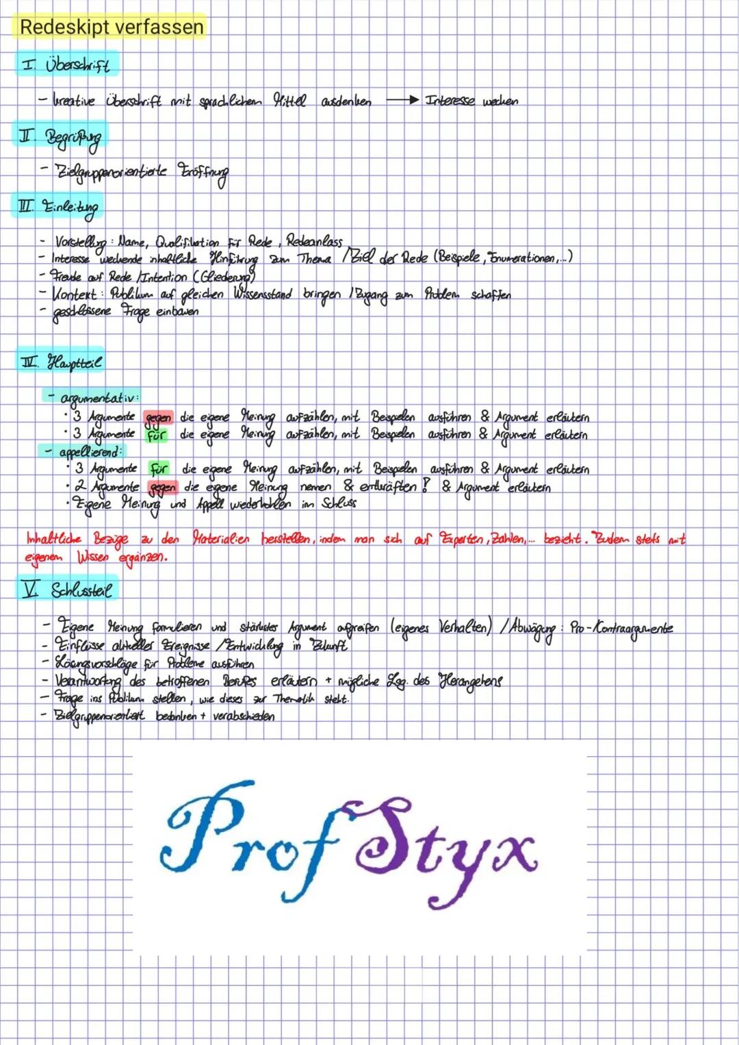 Materialien auswerten
I. Einleitung
Titel
· Autor
.
Verfassen eines Redeskriptes
.
•Thema
.
Textsorte
II. Hauptteil
Thernaussagen mit eigene