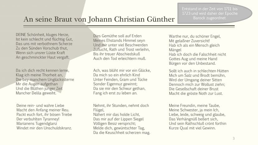 AN SEINE BRAUT
- Johann Christian Günther
Lara Weller, Stephanie Mandernach EP2 ■
Gedicht
■
Inhaltsverzeichnis
■ Kurzinformation zum Autor
▪